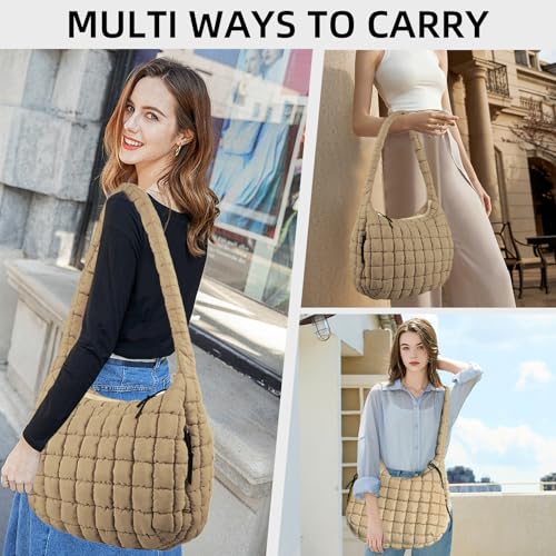 Image of Puffer Quilted Shoulder Bag Large Puffer Tote Bag for Women,Hobo Quilted Tote Bag Crossbody Shoulder Handbags Puff Purse