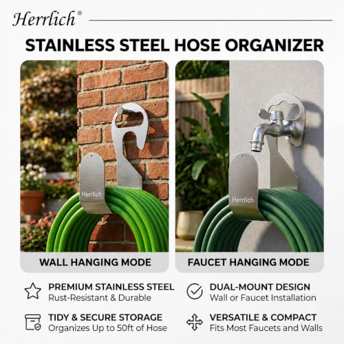 Image of Herrlich Homes 304 Stainless Steel Garden Hose Holder | Wall Mounted Hose Pipe Hanger with Hand Grip | Heavy Duty Rustproof Hose Organizer