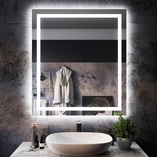 ISKM 32''x36'' LED Mirror for Bathroom Lighted Vanity Mirror for Wall Front Lights + Backlit LED Bathroom Mirror Anti-Fog Tempered Glass ETL Listed