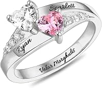 AILIN Custom Promise Ring for Her - 925 Sterling Silver 2 Heart Birthstones, Name Engraving, Adjustable Size in Gift Box