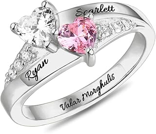 AILIN Custom Promise Ring for Her - 925 Sterling Silver 2 Heart Birthstones, Name Engraving, Adjustable Size in Gift Box