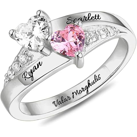 AILIN Promise Rings For Her 925 Sterling Silver/Brass Custom 2 Heart Birthstones And Engraving Name Ring Wedding Engagement Valentine's Day Jewelry With Gifts Box