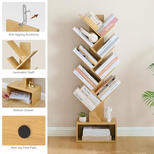 Image of Hoctieon 9 Tier Tree Bookshelf, Tall Bookcase with Drawer, Wood Book Shelf, Modern Floor Standing Bookshelves, Book Organizer Shelves for Bedroom, Living Room, Home Office, Yellow