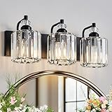 Zqoyn 3-Light Black Bathroom Light Fixtures Over Mirror Modern Vanity Lights Crystal Wall Sconce Vintage Bathroom Lighting with Crystal Shade E26 Base for Bedroom, Living Room, Hallway