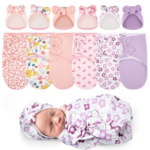 Image of Ramede 6 Pack Preemie Swaddle Blanket with Hats Sleep Swaddle for Baby Boy Girl Preemie Newborn Sacks Soft Cotton Wearable (Bow,Pink)