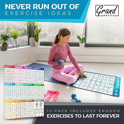 12-Pack Laminated Large Workout Poster Set - Perfect Workout Posters For Home Gym - Exercise Charts Incl. Dumbbell, Yoga Poses, Resistance Band, Stretching, Kettlebell & More Fitness Gym Posters