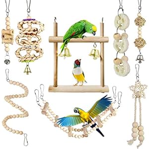 CAMITER 8 Packs Bird Toys Parrots Cage Toys Natural Wood Hanging Swing Shredding Chewing Perches Parrot Toy Parrot Bite Toy for Budgie Parakeet Cockatiel Macaw
