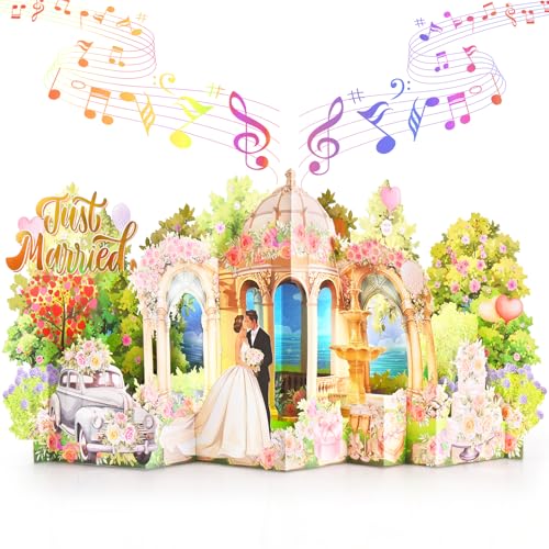 Image of Pop Up Wedding Card, Musical Light Up Just Married Cards for Bride & Groom | 3D Large Accordion Style Wedding Greeting Card, Romantic Paper Wedding Decoration Keepsake Gifts for Bridal Shower Engagement