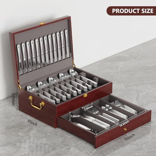 Mahogany Wood Silverware Storage Box,2-Layer Silverware Chest Case with Lid Drawer Handle Silverware Case with Felt Lined,Flatware Storage Box Holds 12-16 Sets of Utensils,Wedding Housewarming Gifts