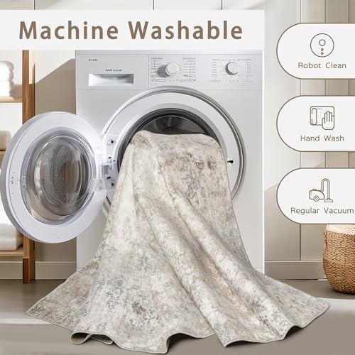 Washable Rugs 6x9 Area Rugs for Living Room,Modern Abstract Rugs for Bedroom,Large Carpets,Ultra Soft Faux Wool Retro Dining Room Rug,Non Slip&Non-Shedding Low Pile Print Rug- Beige Grey