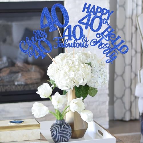 15 PCS 40th Birthday Centerpiece Sticks Hello Forty Happy 40 Table Flower Centerpieces Sticks Cheers to 40 Fabulous Floral Decorations for 40th Birthday Party Table Centerpieces Supplies Blue by ZHUOWEISM - Used condition - Image 4