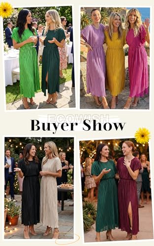 Image of ECOWISH Women Maxi Dresses Cocktail Party Wedding Guest Formal Pleated Long Dress Short Sleeve Slit Empire Waist Evening Gown