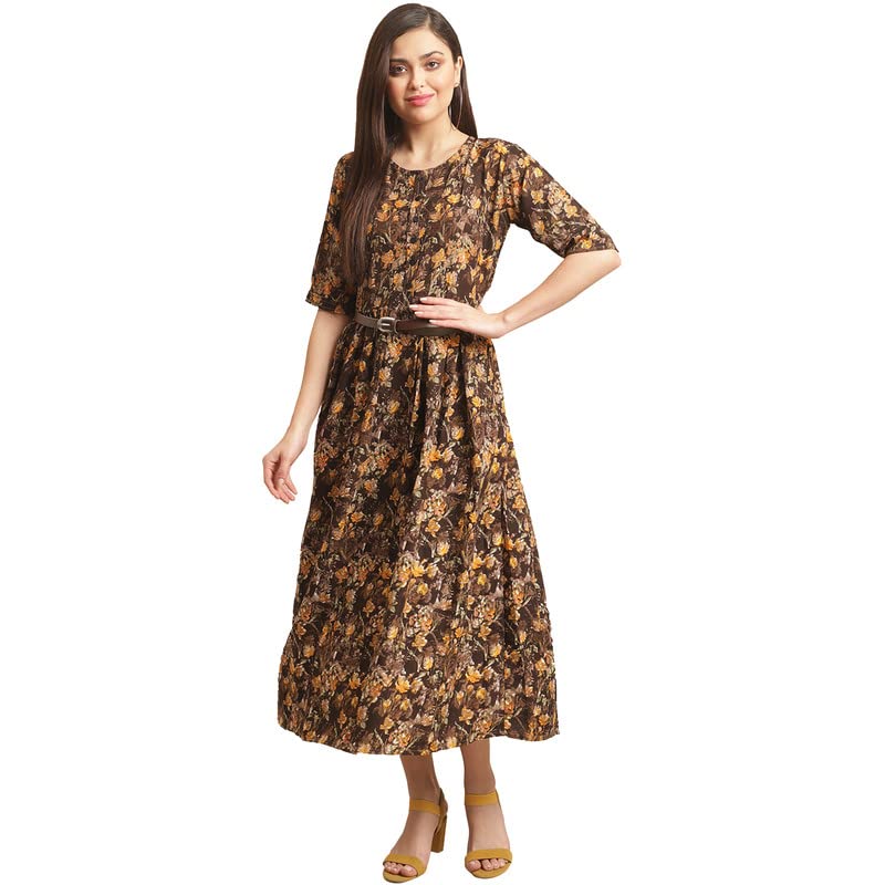 Preneum Women's Rayon Fit And Flare Standard Length Dress (Gown-A-109_Caramal Brown_Xl)