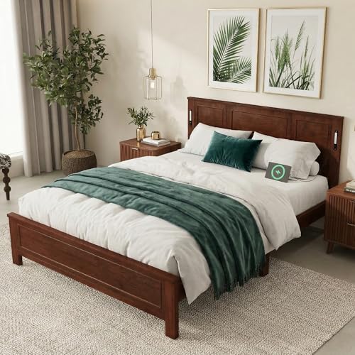 MoproBeti Queen Bed Frame with Tall Headboard & Footboard, Farmhouse Solid Wood Platform Bed Frames Queen Size with LED Lights & USB Charging Station,No Box Spring Needed, Walnut