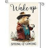 AVOIN colorlife Groundhog Day Garden Flag 12x18 Inch Double Sided Outside, Wake Up Spring Is Coming Punxsutawney Phil Seasonal Yard Outdoor Decoration