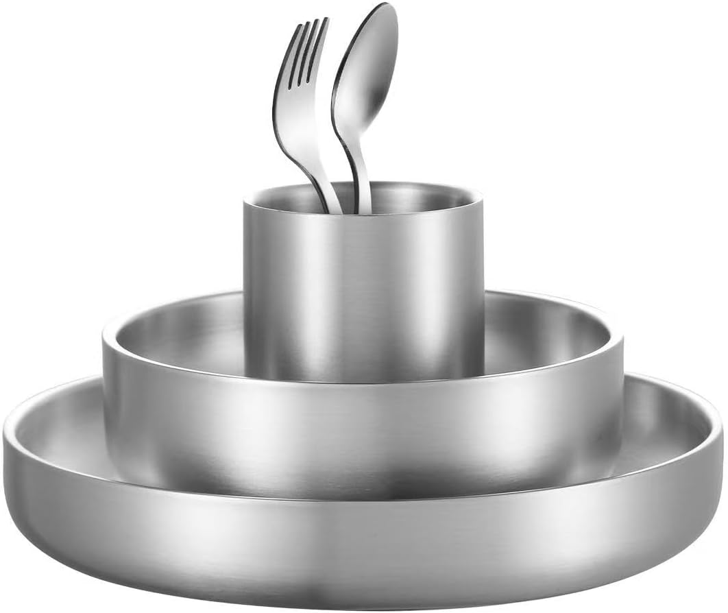 6-Piece Kids Dinnerware Set, Non-Toxic Food-Grade Stainless Steel Plates and Bowls, Drinking Mug, Spoon, Fork & Carry Bag, Insulated, Unbreakable, Dishwasher Safe for Home, School & Picnic