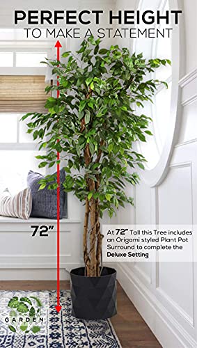 Deluxe 6 Feet Tall Ficus Silk Leaf Artificial Tree + 8" Base + 12" Plant Pot Skirt. 18 Feet Of Vine Adorn Wide Real Trunks With Green Leaves Allowing Maintenance Free In-Door And Outdoor Use #TOP7