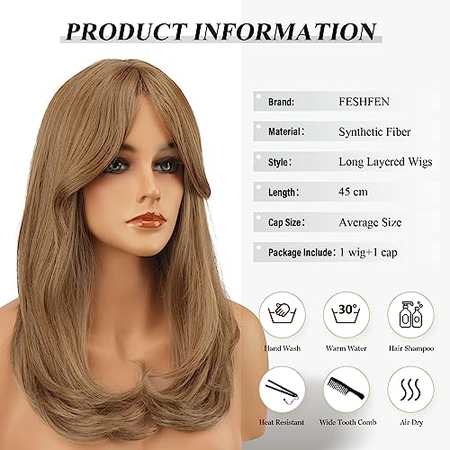 Image of FESHFEN Blonde Wigs with Bangs, Synthetic Natural Looking Mixed Blonde Long Layered Straight Hair Wig for Women Daily Party Use, 18 inch