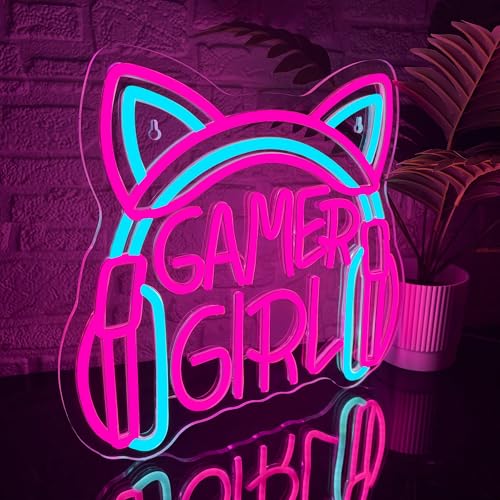 Image of Mutank Gamer Girl Cat Headphones Neon Sign, Game Room Neon Sign USB Powered Game Headphone Sign LED Dimmable, for Gaming Room Bedrooms and Cat Ear Girl Man Caves Decor(13.3 * 12.2 In)