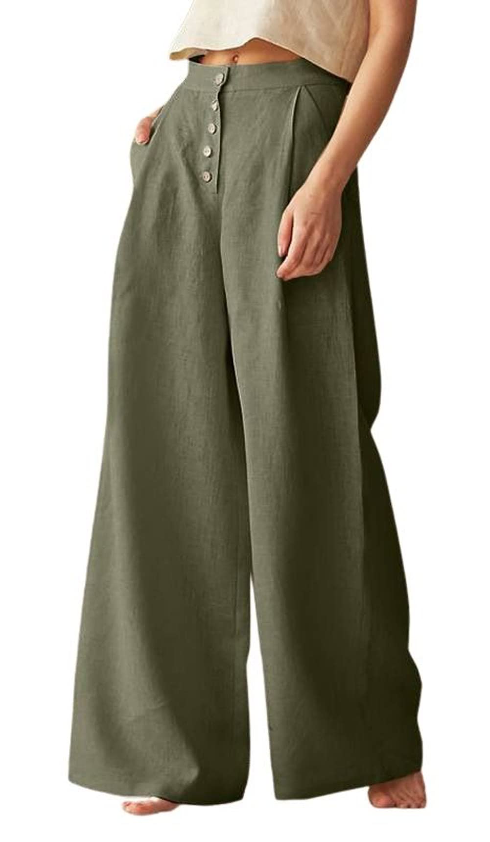 CHARTOU Womens Summer Button High Waist Wide Leg Cotton Linen Palazzo Pants with Pockets