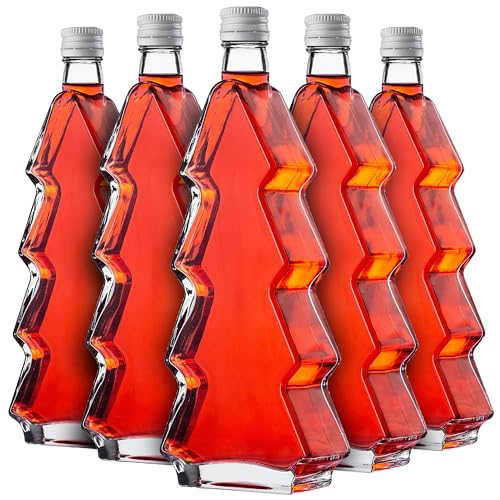 KADAX Set di 5 bottiglie di vetro a forma di albero di Natale, 500 ml, con tappo a vite bianco – Bottiglie vuote da riempire con liquore e schnapps, ideali per Natale e come regalo