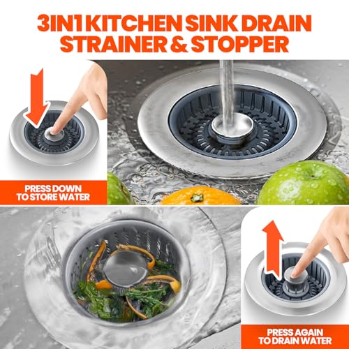 Kitchen Sink Drain Strainer - Upgraded Kitchen Sink Stopper,Sink Stopper Kitchen Drain,Stainless Steel Drain Plug with Anti-Clog Basket Drain Stopper Combo,for Standard 3-1/2'' Drain,Grey - Image 4