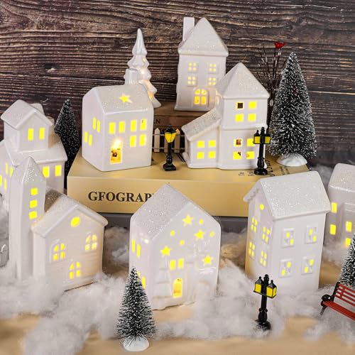 Fovths 42 Pieces Porcelain Christmas Village Set 9 Lighted LED Xmas Village Houses with 16 Xmas Trees, Withered Tree Lamp Fence Bench Winter Village Building Figurines for Holiday Tabletop Decor