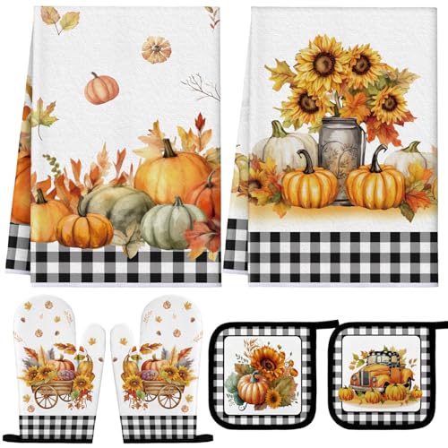 Bencailor 6 Pcs Fall Kitchen Towels Pot Holders and Oven Mitts Set Vintage Fall Dish Towel Absorbent Soft Pumpkin Pot Holders for Autumn Thanksgiving Cooking Baking Grilling Supply(Sunflower Pumpkin)