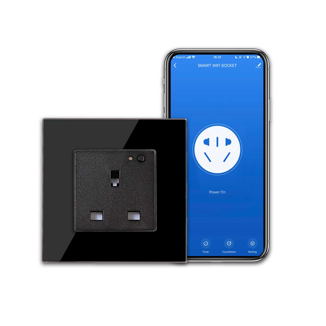 CNBINGO WiFi Single Socket, Smart Switched Socket with Indicator,Smart Life App Control,Timer,Wall Power Socket Work with Alexa, Google Assistant,Black Glass Panel,Outlet AC 13Amp 240V — image 1