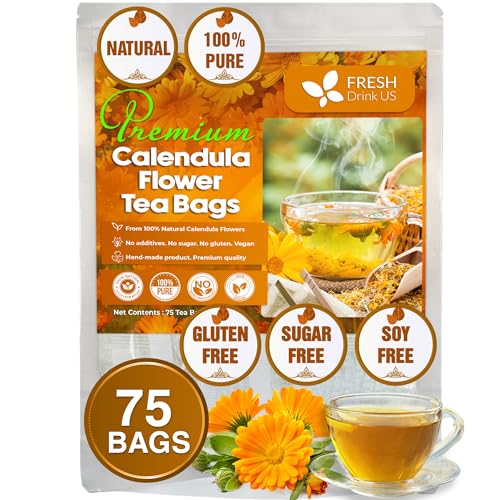 Image of FRESHDRINKUS Calendula Tea Bags, 75 Count, Herbal, Vegan, Sugar Free, Caffeine Free, Gluten Free, 100% Natural Calendula Flowers