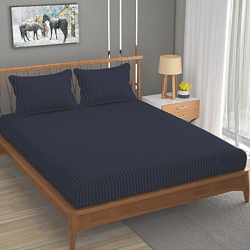 Image of 200 TC Stripe Glace Cotton BedSheet with Pillow Cover (Grey, Double)