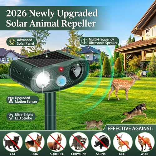Image of Animal Repellent Outdoor & Sonic Deer Repellent Devicesfor Plants | Motion-Activated Ultrasonic Deer Cat Raccoon Deterrent with Flashing LED, 110 PIR, 30 ft Range for Yard Garden, 4 Pack