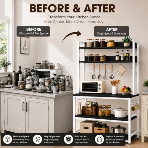 Image of 5-Tier Kitchen Organizer Rack-Multipurpose Microwave Stand for Kitchen Platform & OTG Oven-Steel Utensils Storage Shelf with Hooks - Engineered Wood & Metal Rack for Home- 100x40x170 cm - White /Black