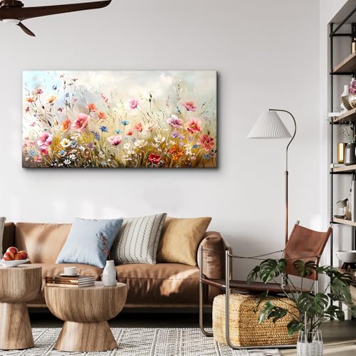crmotu Floral Botanical Wall Art, Blooming Wildflowers Large Artwork, Flower Market Canvas Art Prints, Meadow Plant Nature Wall Decor, Rustic Wall Paintings for Living Room Bedroom Farmhouse 20"X40"