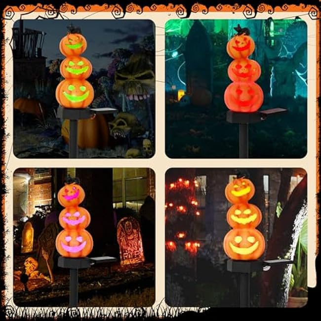 Halloween Pumpkin Decorations Stacked Pumpkin Yard Stakes Solar Pumpkin Lights-Light Up Pumpkin Decor Outdoor 4 Pack 17.5 with Led Bulb for Yard Garden Lawn Decor
