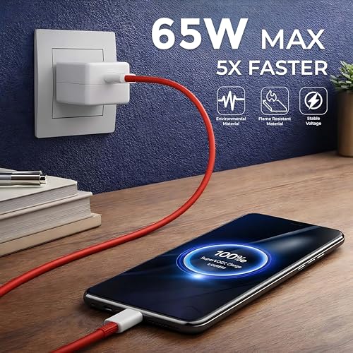 Image of MAK Original 65W SuperVOOC Fast Charging Adapter with USB to Type-C Cable (Red) Compatible with OnePlus 11R, OnePlus Nord 3, Realme GT Series & USB-C Devices.