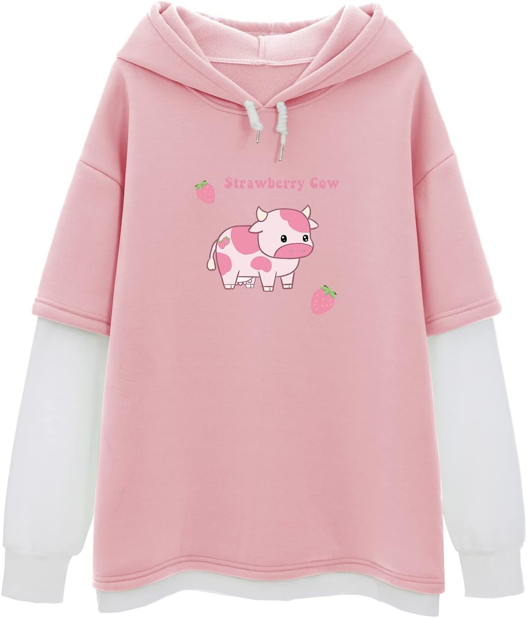 KEEVICI Pullover Sweatshirts for Women Cute Strawberry Cow Print Hoodie Casual Fuzzy Top