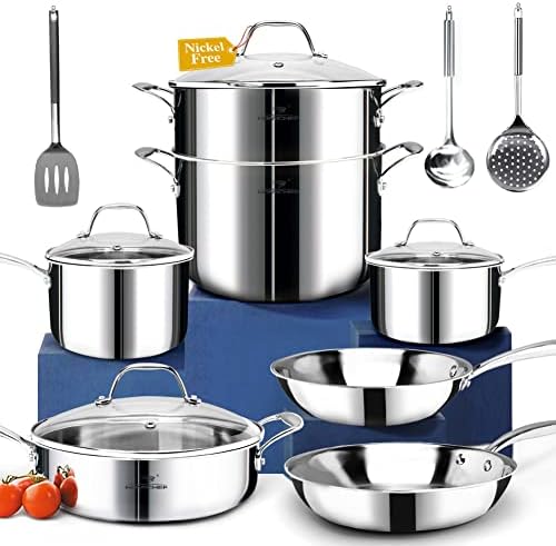 HOMICHEF 14-Piece Nickel Free Stainless Steel Cookware Set Whole-Clad 3-Ply - Mirror Polished Pots And Pans Set - Healthy Cookware Set With Steamer - Non-Toxic Induction Cookware Sets - Thumbnail 3