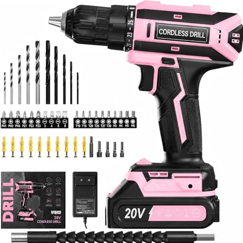 Akkuschrauber 20V Akku Bohrschrauber 25+1 Drehmomentstufen Akkubohrer kompatibel mit Makita 18V Akku 42Nm Max Drehmoment LED-Licht 56 tlg Zubehör Akkuschrauber Set für Reparatur & DIY Pink