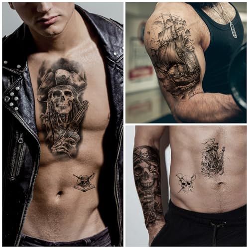 Image of 77 Sheets Pirate Temporary Tattoos Adult,Captain Anchor Compass Sailboat Tattoos, Pirate Ships Flag Skull Crossbones Sailor Fake Tattoo for Costume, Fake Arm Tattoos for Men Women Kids