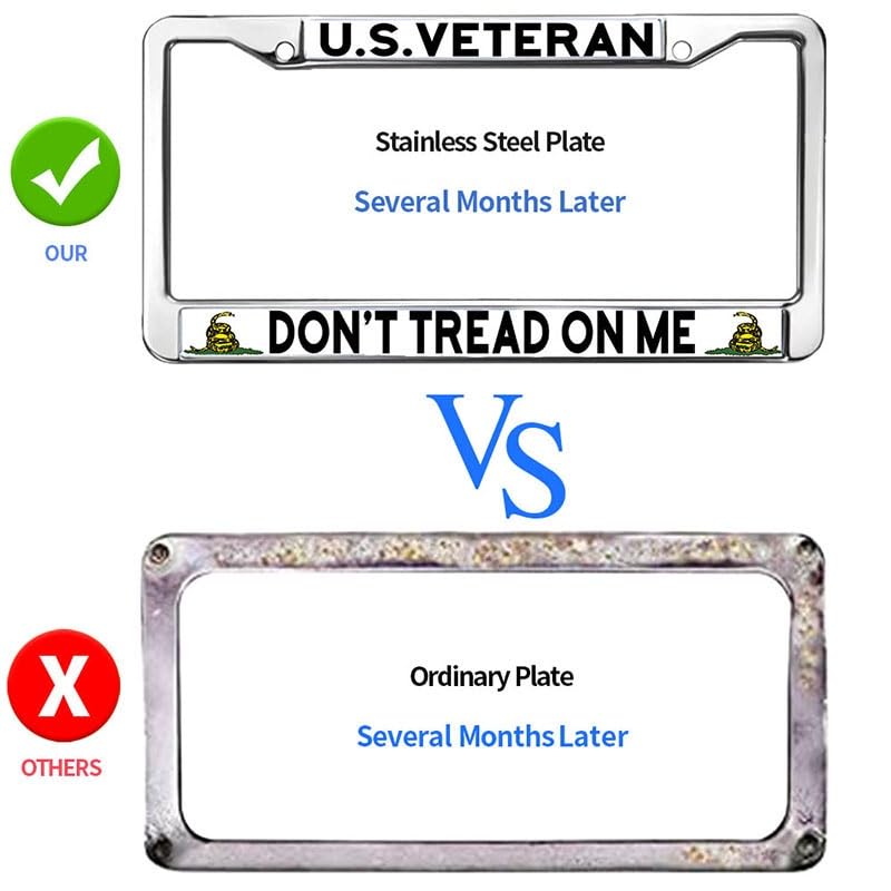 Image of US Veteran Dont Tread On Me License Plate Frame Metal Car Tag Holder | US Veteran Dont Tread On Me License Plate Frame Metal Car Tag Cover Weatherproof Fit US Standard Auto Trucks Accessories