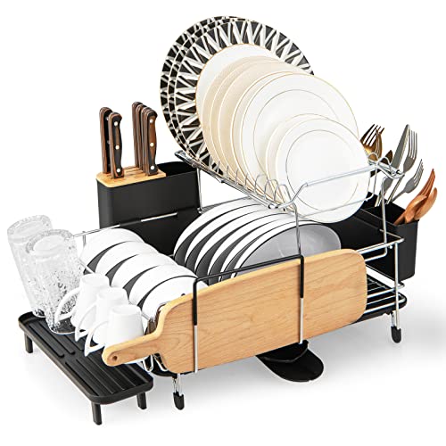 GiantexUK 2-Tier Dish Drainer Rack, Metal Frame Dish Drying Rack with Bowl Rack, Removable Dish Rack, Swivel Spout, Drainboard & Cutlery Holder, Space Saving Dish Drainer Board for Kitchen Dining Room