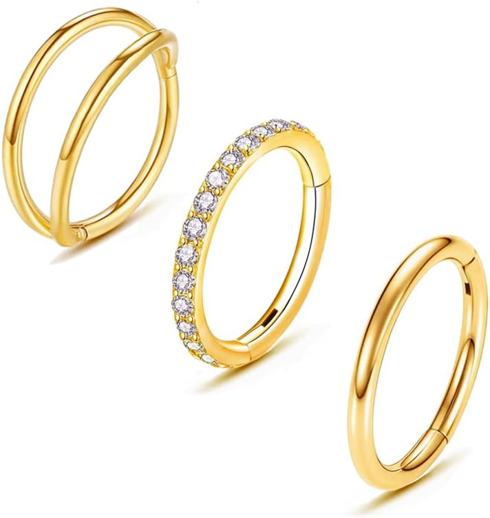 3Pcs Surgical Steel Nose Rings 20G 18G 16G Septum Rings Lip Ring Conch Cartilage Helix Hinged Segment Double Hoops 7mm 8mm 10mm for Women Men