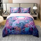 feelingyou Rosa Axolotl 100% Natural Algodón Edredón Tamaño M Marinas Náuticas Coral Niños Ropa de Cama Set Subacuático Océano Animales Dibujos Animados Salamandra Manta Cubierta, 2pcs