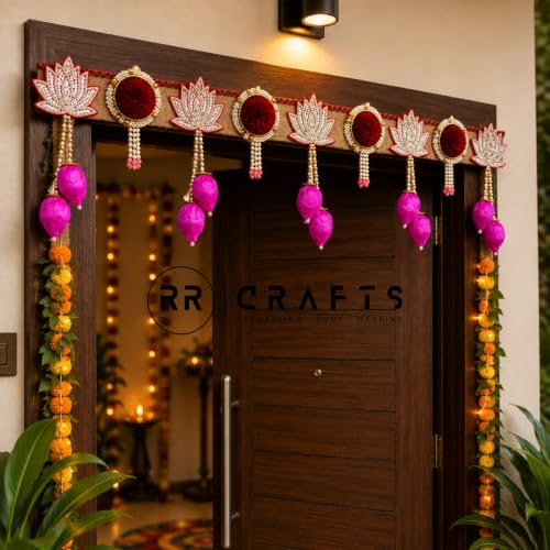 Image of Lotus Toran for Door | Pink Floral Beaded Door Hanging & Wall Decor | Toran for Pooja Mandir, Festivals, Weddings & Home | 38 Inches