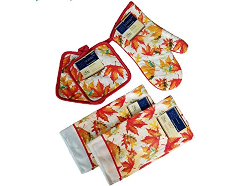 Home Collection 5 Piece Kitchen Linen Set Fall Leaves Theme! Includes: 1 Oven Mitt, 2 Pot Holders and 2 Dish Towels