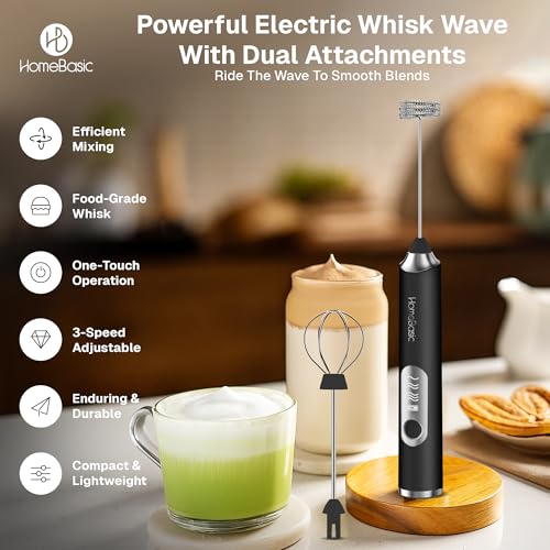 Image of HOMEBASIC Coffee Frother Electric Handheld, 3-Speed Milk Frother Rechargeable with Dual 304 SS Whisks, 8000 RPM Foam Maker for Latte, Cappuccino, Matcha, Eggs | Whisk Wave (Black)