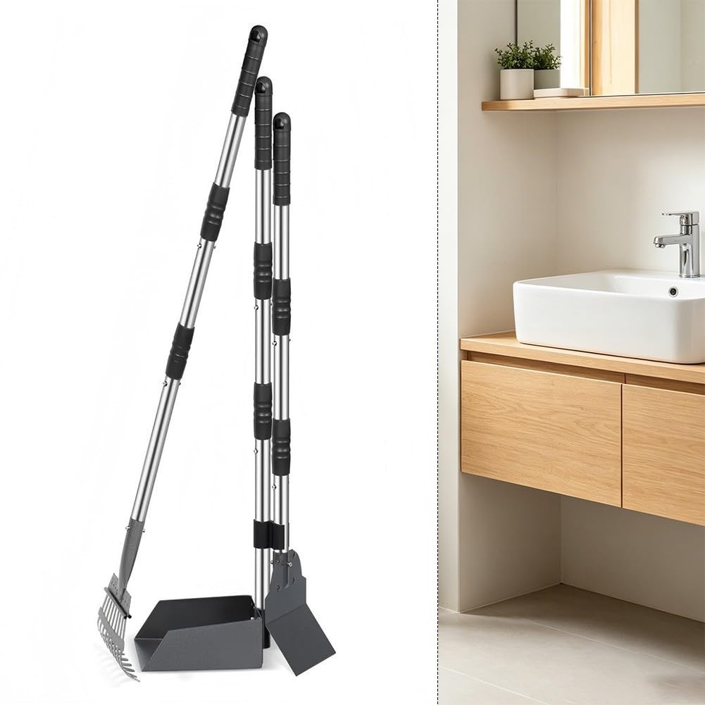 Lot de 3 ramasse-déjections canines à long manche de 91,9 cm, plateau et râteau pour chiens de petite, moyenne et grande taille