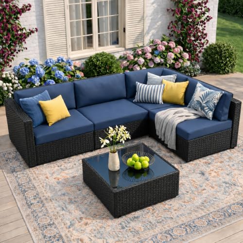 JAMFLY 5-Piece Patio Furniture Set, Outdoor Wicker Sectional Sofa with 4-Inch Thick Cushions & Coffee Table, All-Weather PE Rattan Conversation Set for Backyard, Garden, Poolside, Aegean Blue