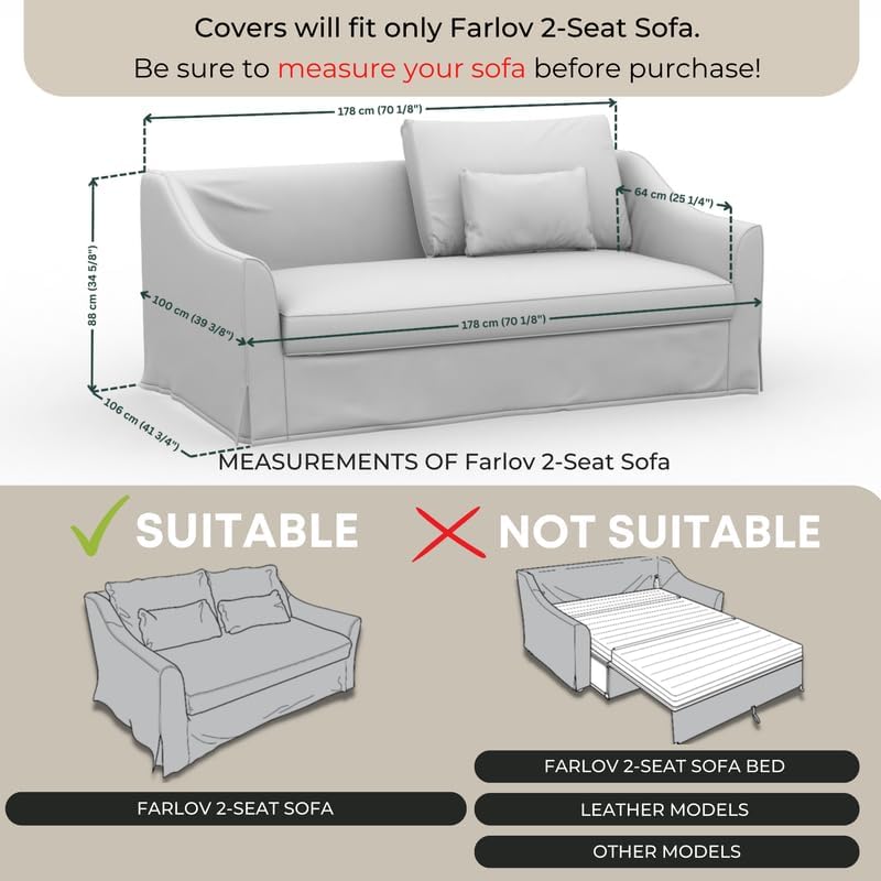 comfortly Cover for Farlov 2-Seat Sofa, Replacement Slipcover, Heavy Duty 6 pcs Cover, Soft Durable Washable Fabric, Easy to Clean & Replace (Crown - Black)